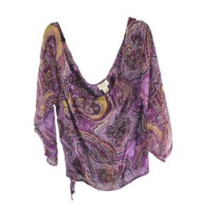 Scoop Beach Womens Paisley Sheer Silk Top Cover Up Tie Waist Purple & Yellow S